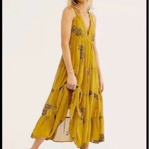 Free People Mustard Yellow Floral Halter Maxi Dress